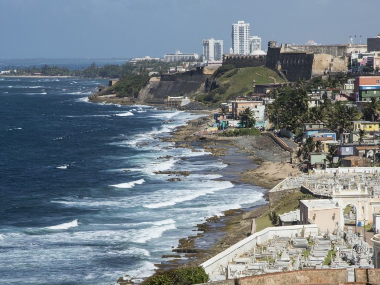 Aerial view of Old San Juan cityscape and beach, Puerto Rico, United States